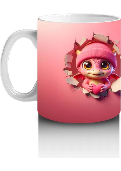 Kalplerle Süslenmiş Pembe Bere Takan Dinozor Yavrusu (Çift Görünüm) - Baskılı Kahve Kupası fiyatları