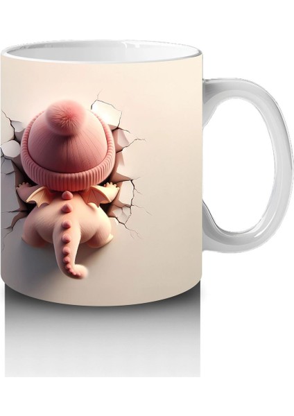 Kalplerle Süslenmiş Pembe Bere Takan Dinozor Yavrusu (Çift Görünüm) - Baskılı Kahve Kupası fırsatları