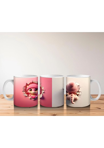 Kalplerle Süslenmiş Pembe Bere Takan Dinozor Yavrusu (Çift Görünüm) - Baskılı Kahve Kupası indirimleri