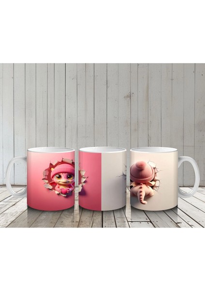 Kalplerle Süslenmiş Pembe Bere Takan Dinozor Yavrusu (Çift Görünüm) - Baskılı Kahve Kupası