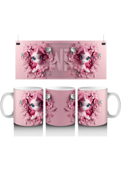 Çiçeklerle Süslenmiş Sevimli Pembe Midilli Figürü - Baskılı Kahve Kupası