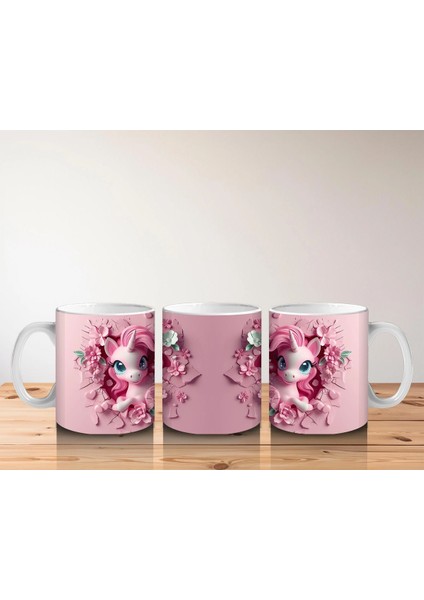 Çiçeklerle Süslenmiş Sevimli Pembe Midilli Figürü - Baskılı Kahve Kupası indirimleri