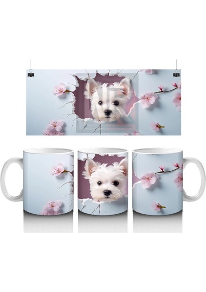 Kiraz Çiçekleri Arasında Neşeli Beyaz Yavru Köpek – Baskılı Kupa