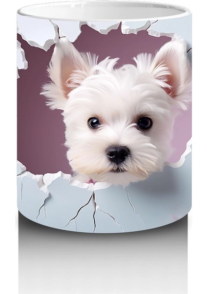 Kiraz Çiçekleri Arasında Neşeli Beyaz Yavru Köpek – Baskılı Kupa modelleri