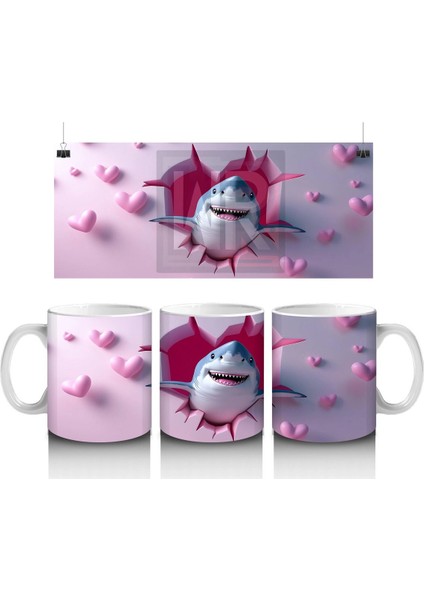 Kalp Şeklinde Çatlakta Bakan Sevimli Köpek Balığı – Baskılı Kupa Bardak