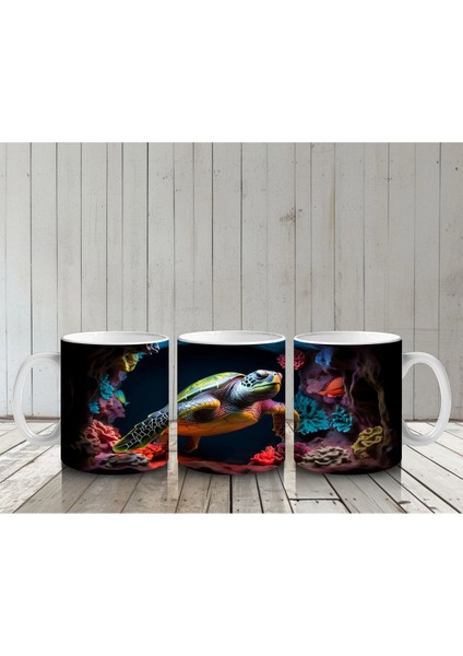 Renkli Mercan Resifinde Yüzen Deniz Kaplumbağası – Baskılı Kahve Kupası