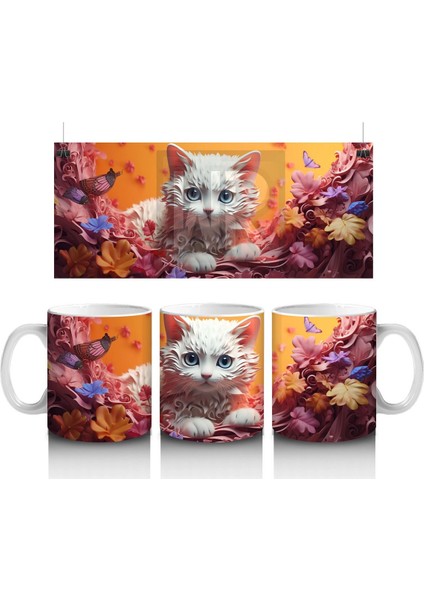 Renkli Arka Planda Tüylü Beyaz Kedi – Baskılı Kahve Kupası