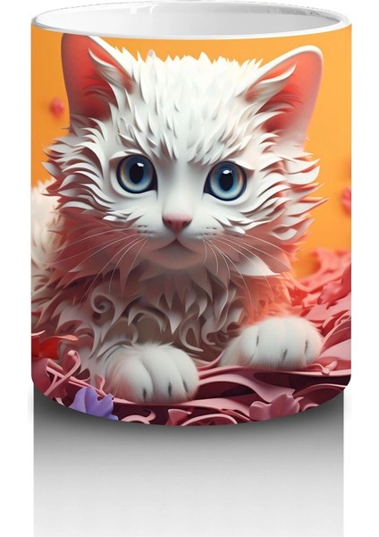 Renkli Arka Planda Tüylü Beyaz Kedi – Baskılı Kahve Kupası modelleri