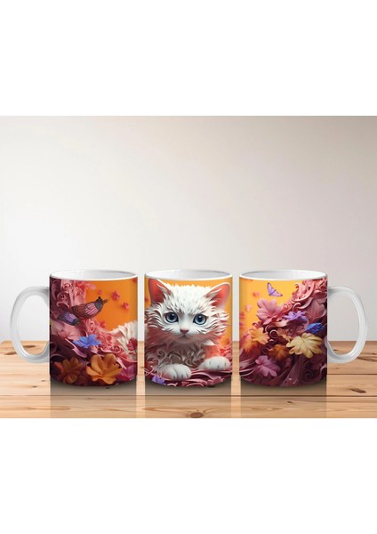 Renkli Arka Planda Tüylü Beyaz Kedi – Baskılı Kahve Kupası indirimleri