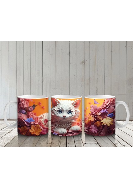 Renkli Arka Planda Tüylü Beyaz Kedi – Baskılı Kahve Kupası