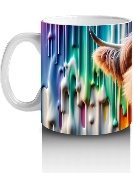 Renkli Damlayan Arka Planda Komik Inek - Baskılı Kahve Kupası fiyatları