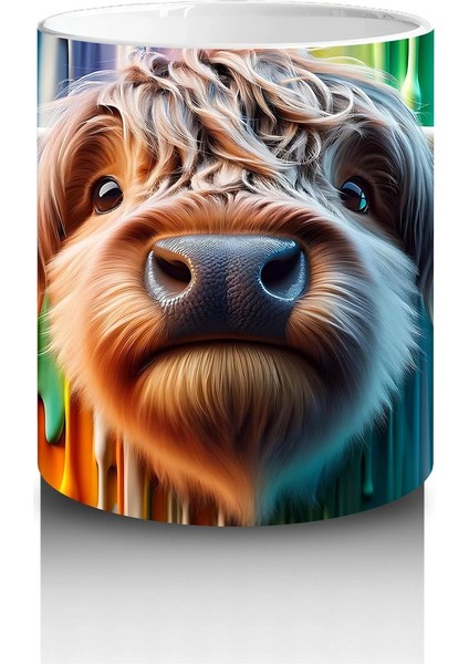 Renkli Damlayan Arka Planda Komik Inek - Baskılı Kahve Kupası modelleri