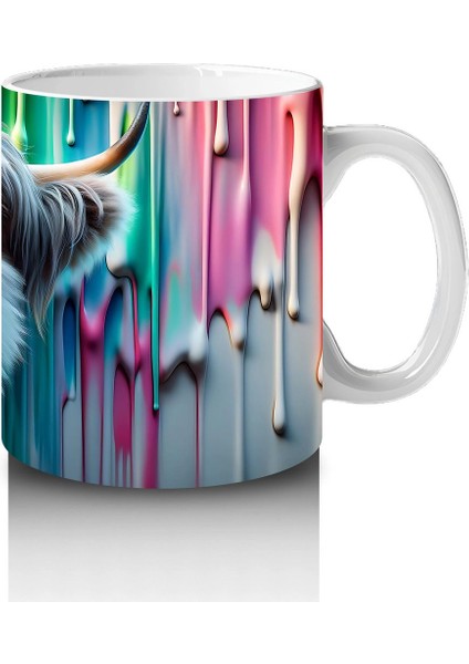 Renkli Damlayan Arka Planda Komik Inek - Baskılı Kahve Kupası fırsatları