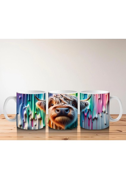 Renkli Damlayan Arka Planda Komik Inek - Baskılı Kahve Kupası indirimleri