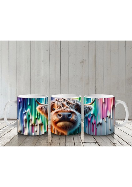 Renkli Damlayan Arka Planda Komik Inek - Baskılı Kahve Kupası