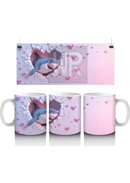 Pembe Kalpler Arasında Uçan Mavi Köpek Balığı – Baskılı Kahve Kupası