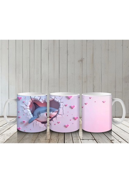 Pembe Kalpler Arasında Uçan Mavi Köpek Balığı – Baskılı Kahve Kupası