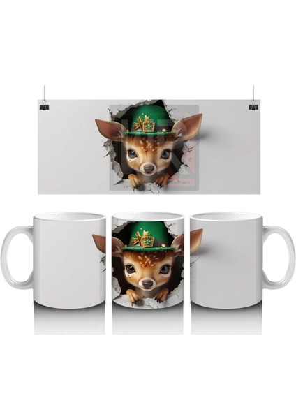 St. Patrick Şapkası Takmış Sevimli Geyik Yavrusu – Duvarı Delen 3D Kupa Tasarımı