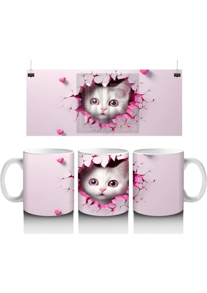 Pembe Kalpli Çatlak Duvar Arasında Tatlı Kedi – Baskılı Kahve Kupası