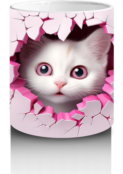 Pembe Kalpli Çatlak Duvar Arasında Tatlı Kedi – Baskılı Kahve Kupası modelleri