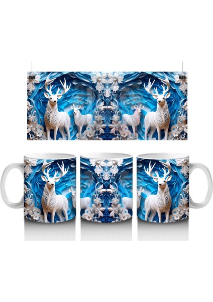 Buzlu Orman Arasında Beyaz Geyikler – Baskılı Kahve Kupası