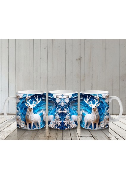 Buzlu Orman Arasında Beyaz Geyikler – Baskılı Kahve Kupası