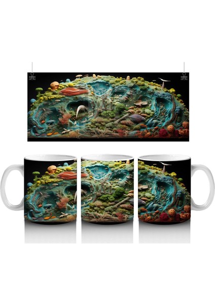 Renkli Canlılarla Dolu Fütüristik Doğa Manzarası - Baskılı Kahve Kupası