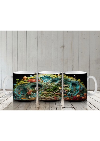 Renkli Canlılarla Dolu Fütüristik Doğa Manzarası - Baskılı Kahve Kupası