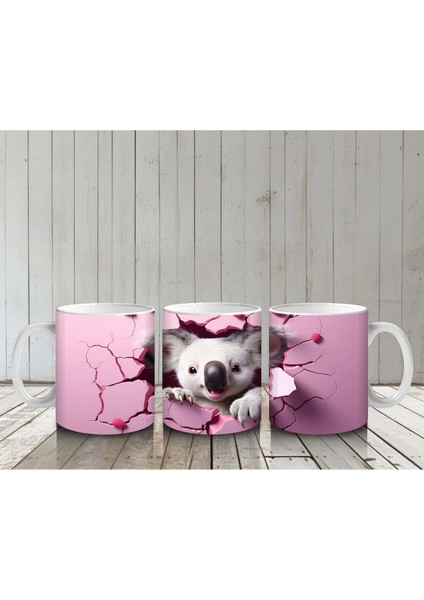 Çatlak Duvar Arasında Pembe Temalı Sevimli Koala - Baskılı Kahve Kupası