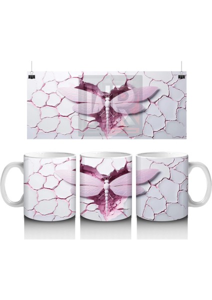 Çatlak Arka Planlı Pembe Kanatlı Kelebek – Baskılı Kupa