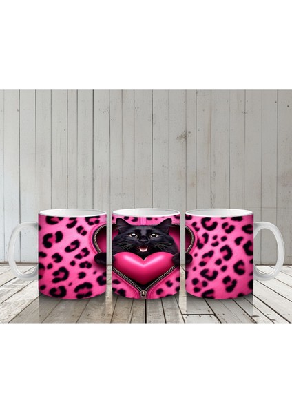 Siyah Kediler ve Pembe Kalp – Baskılı Kahve Kupası