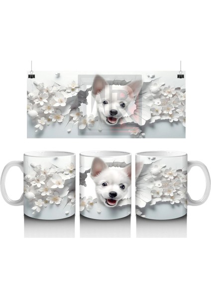 Beyaz Çiçekler Arasında Gülümseyen Yavru Köpek – Baskılı Kupa