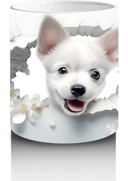 Beyaz Çiçekler Arasında Gülümseyen Yavru Köpek – Baskılı Kupa modelleri