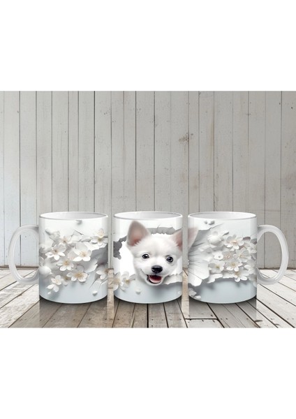 Beyaz Çiçekler Arasında Gülümseyen Yavru Köpek – Baskılı Kupa