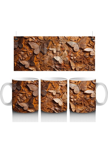 Kurutulmuş Yapraklar Arasında Gerçekçi Kelebek – Baskılı Kahve Kupası