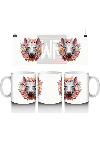 Simetrik Çiçekli Fon Üzerinde Ikiz Köpek Figürleri – Baskılı Kahve Kupası