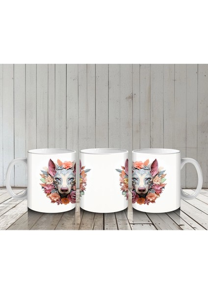 Simetrik Çiçekli Fon Üzerinde Ikiz Köpek Figürleri – Baskılı Kahve Kupası