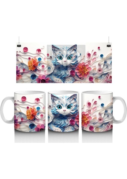 Çiçeklerle Süslenmiş Tatlı Kedi – Baskılı Kahve Kupası