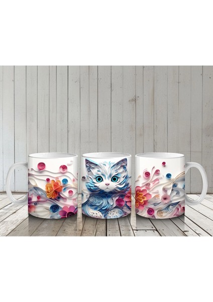 Çiçeklerle Süslenmiş Tatlı Kedi – Baskılı Kahve Kupası