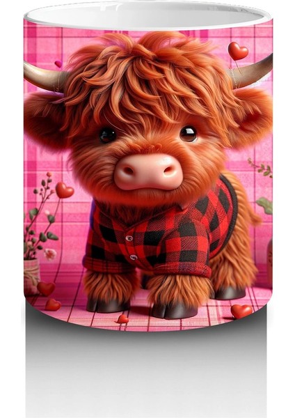 Ekose Zemin Üzerinde Kalpli Boynuzlu Sevimli Inek – Baskılı Kahve Kupası modelleri