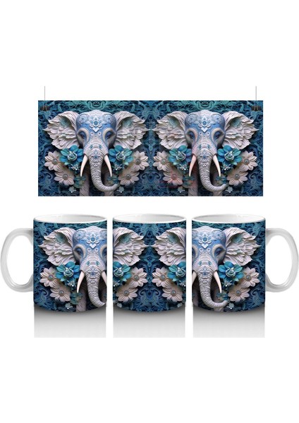 Mavi Çiçekler Arasında Fil Maskotu – Baskılı Kahve Kupası