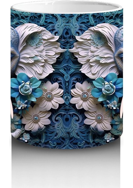 Mavi Çiçekler Arasında Fil Maskotu – Baskılı Kahve Kupası modelleri