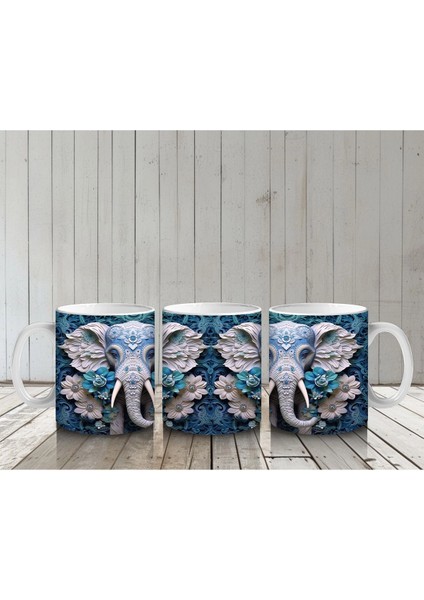 Mavi Çiçekler Arasında Fil Maskotu – Baskılı Kahve Kupası