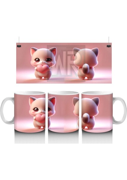 Kalpli Figür Tutan Sevimli Pembe Kedi (Ön ve Arka) - Baskılı Kahve Kupası