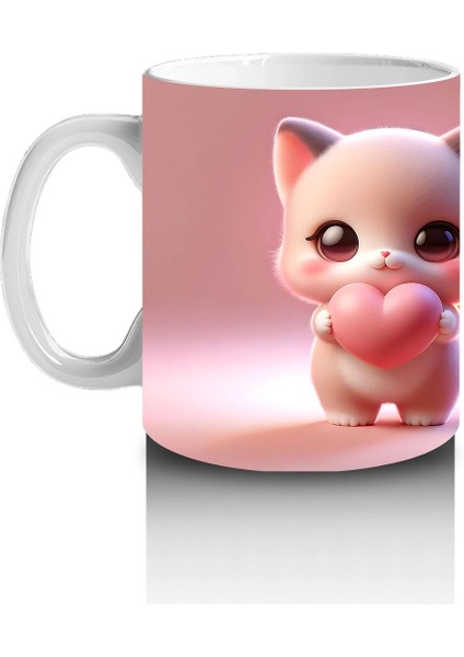 Kalpli Figür Tutan Sevimli Pembe Kedi (Ön ve Arka) - Baskılı Kahve Kupası fiyatları