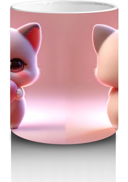 Kalpli Figür Tutan Sevimli Pembe Kedi (Ön ve Arka) - Baskılı Kahve Kupası modelleri