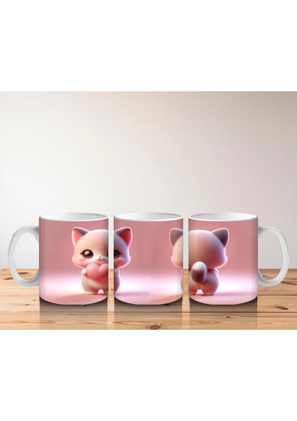 Kalpli Figür Tutan Sevimli Pembe Kedi (Ön ve Arka) - Baskılı Kahve Kupası indirimleri