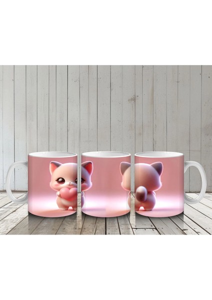 Kalpli Figür Tutan Sevimli Pembe Kedi (Ön ve Arka) - Baskılı Kahve Kupası