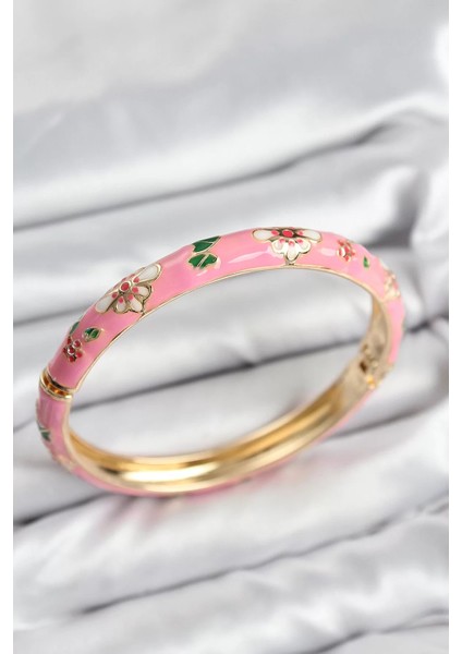 Mineli Pirinç Pembe Çiçek Motifli Gold Kadın Kelepçe