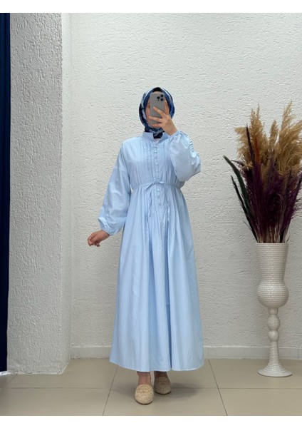 Maruna Poplin Pileli Düğmeli ELBISE-NA2404 Mavi